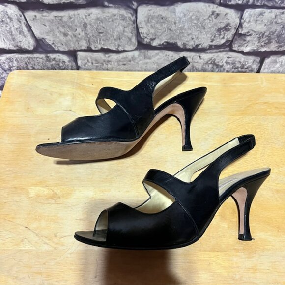 Ann Marino Black Peep Toe Slingback Leather Heels Size 6.5 - Picture 2 of 6